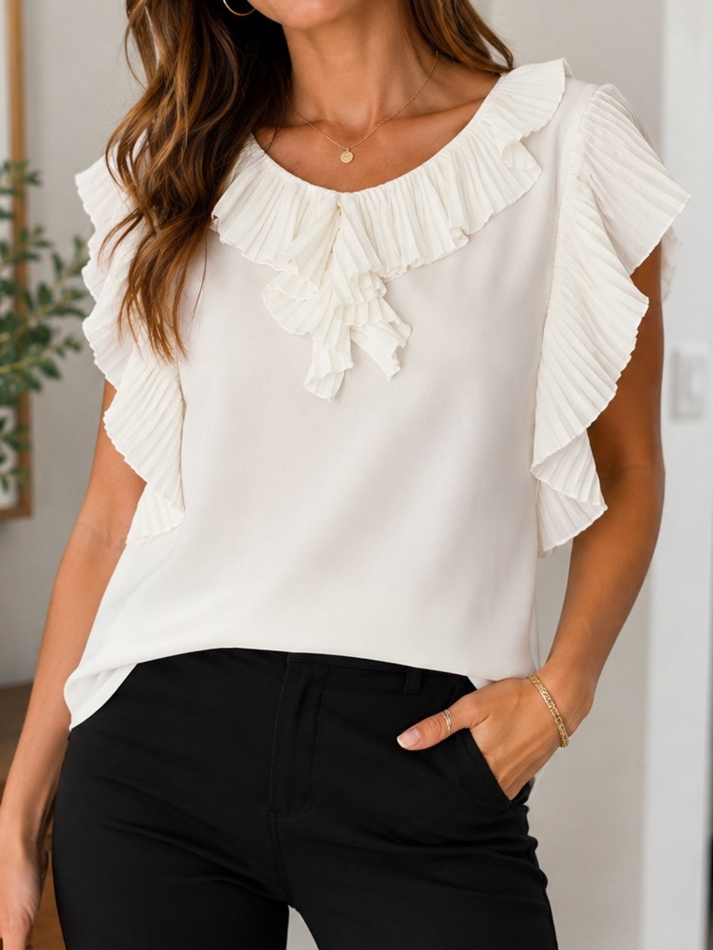 Pleated Ruffle Sleeveless Blouse — Cream